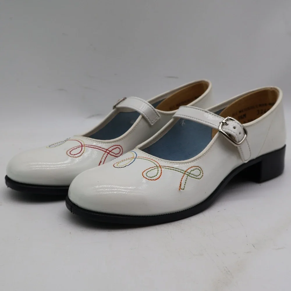 Right Step Mary Jane Girls Size 3.5M Vintage White Rainbow Embroidery Dress Shoe